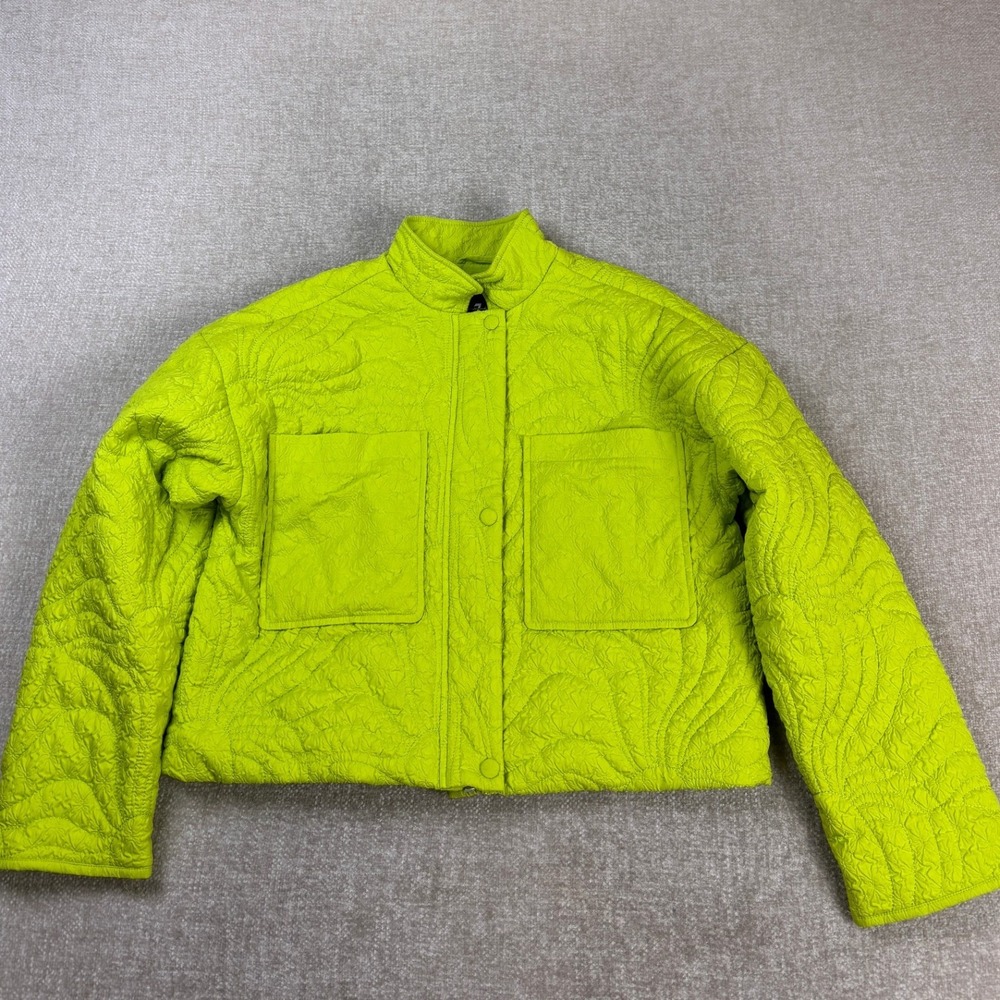 7 For All Mankind Womens Neon Lime Green Quilted Puffer Jacket Small Mock Neck